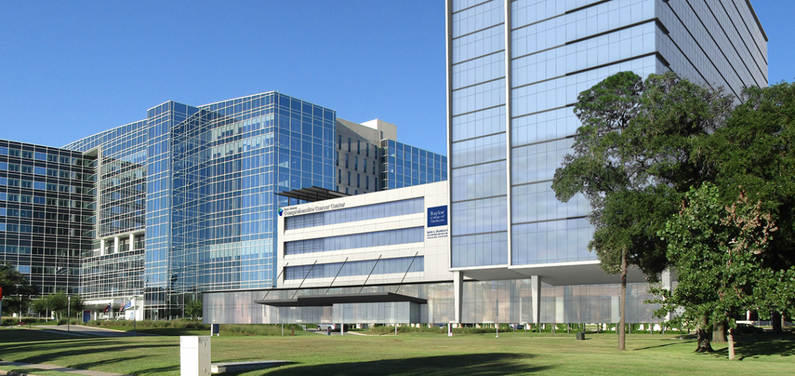 Rendering of the McNair Campus with a view of the Dan L Duncan Comprehensive Cancer Center.