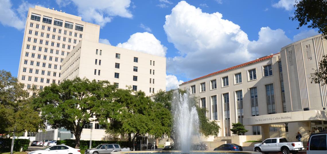 Cullen Building and fountain with the Michael E. DeBakey Center and Alkek Building in the background.