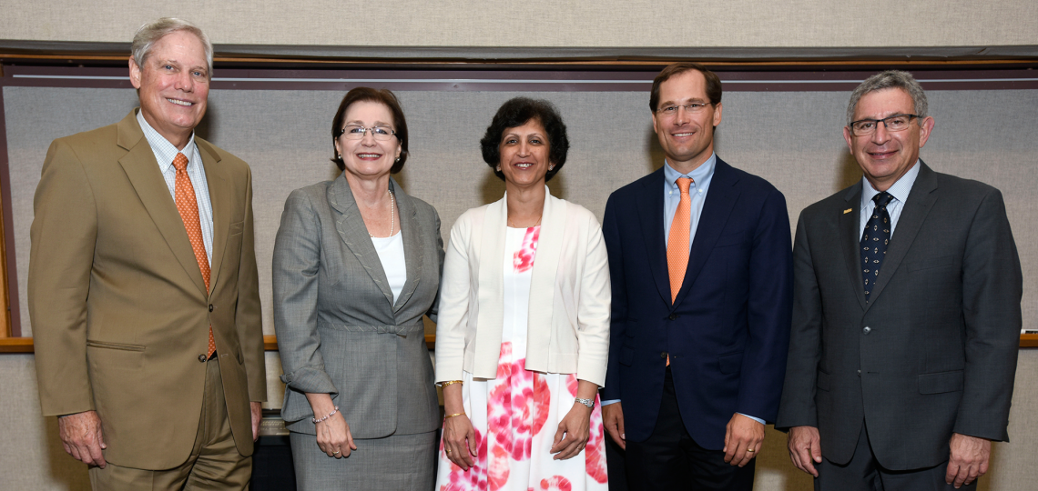 From left, Corbin J. Robertson Jr., Will Robertson, Dr. Anita Deswal, Dr. Anne Gill and Dr. Paul Klotman at the Faculty Awards Day ceremony.