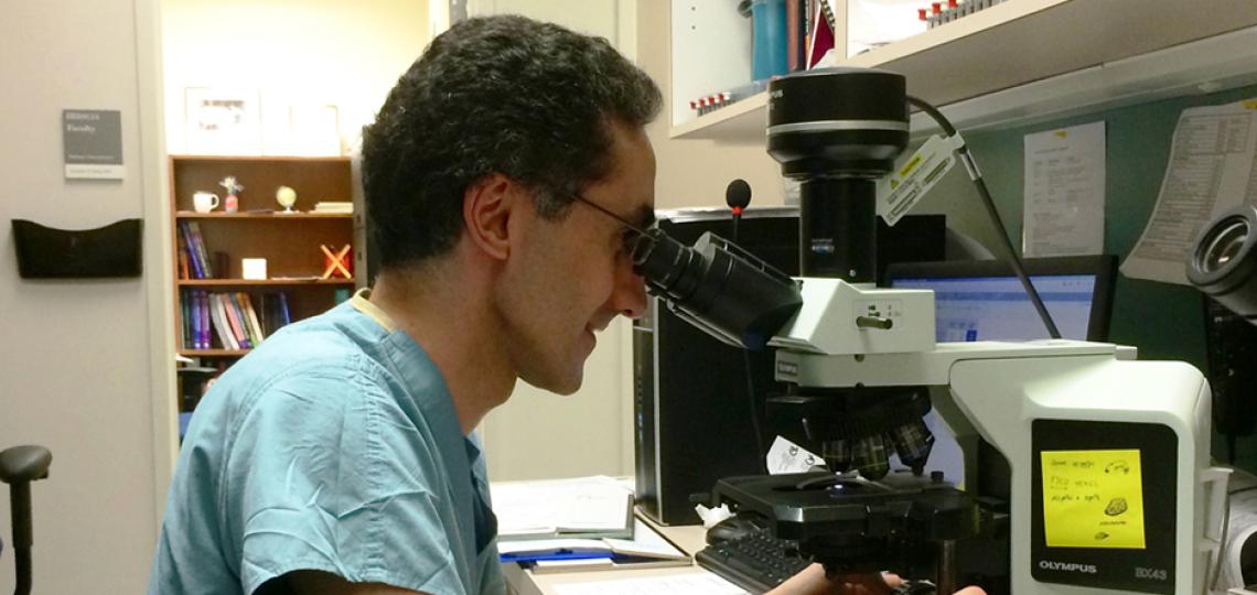 Resident performing a bone marrow aspirate cell count.