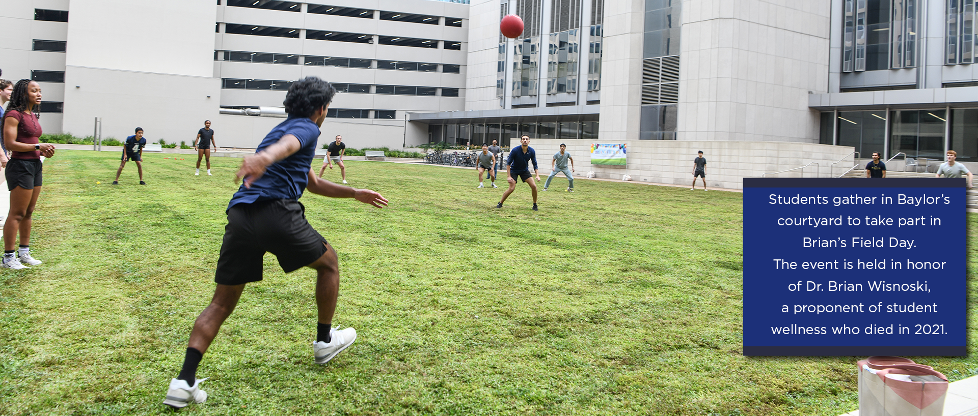 Students gather in Baylor's courtyard to take part in Brian's Field Day. The event is held in honor of Dr. Brian Wisnoski, a proponent of student wellness who died in 2021.