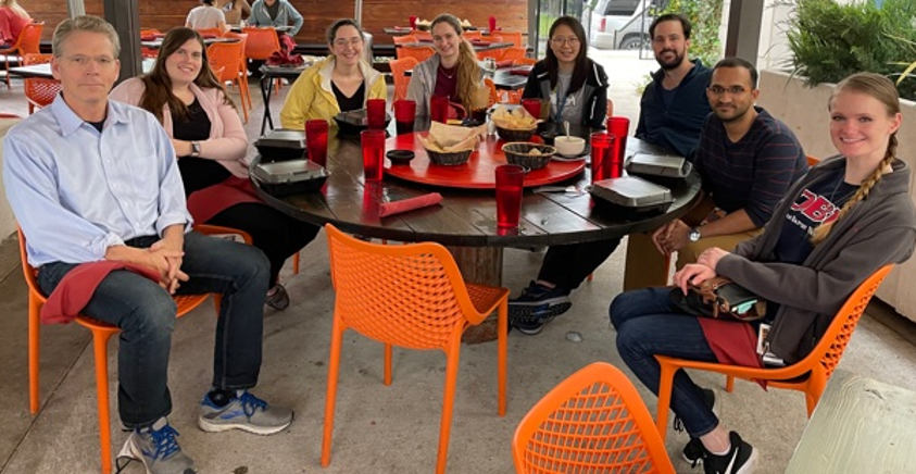 Lab lunch celebrating Sara Johnson's paper while being COVID safe.