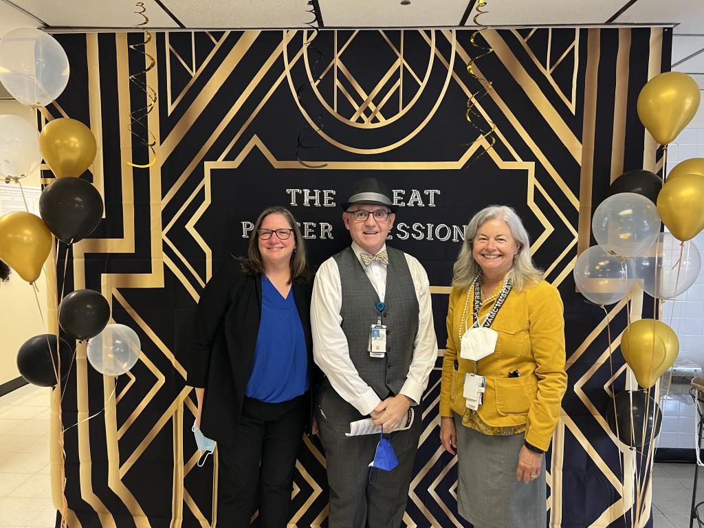 Drs. Mary Dickinson, Rolando Rumbaut, and Laura Petersen (left to right) attending the 2022 8th Annual MEDVAMC Poster Session, "The Great Poster Session."