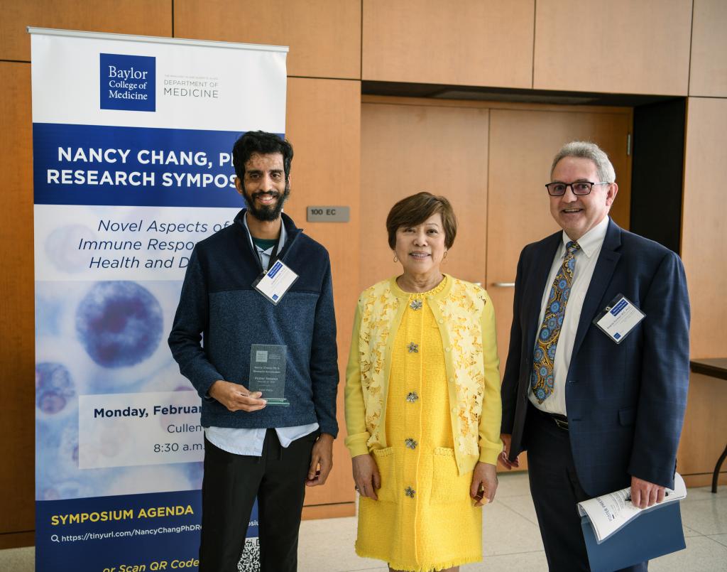 Dr. Nancy Chang (middle) and Dr. Rolando Rumbaut (right) awarding Dr. Srikanth Kodali 3rd place in the 2023 Nancy Chang, Ph.D. Poster Session