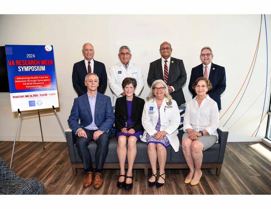 Speakers at the 2024 Research Week Symposium, an event highlighting the importance of VA-BCM research partnerships. Top row from left to right: Dr. Mark Kobelja, Dr. Paul Klotman, Mr. Francisco Vazquez, and Dr. Rolando Rumbaut (CTRID Director). Bottom row from left to right: Drs. Drew Helmer, Carolyn Clancy, Laura Petersen, and Farrah Kheradmand. (Speakers not pictured: Dr. Barbara Trautner and Dr. Hashem El-Serag)