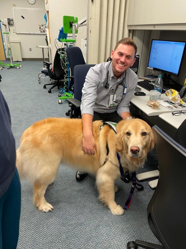 a man holding a Labrador and smiling