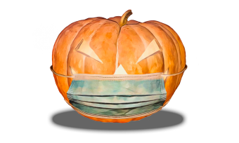 A drawing of a jack-o'-lantern wearing a medical face mask