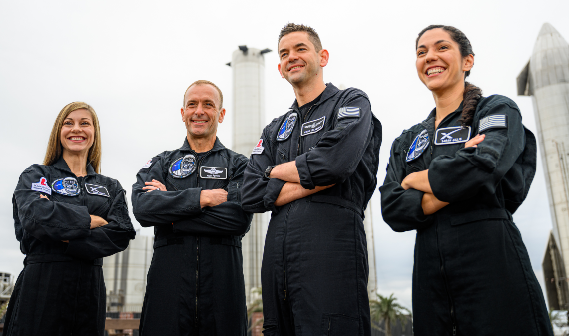 The Polaris Dawn crew: Mission Specialist & Medical Officer Anna Menon, Mission Pilot Scott “Kidd” Poteet, Mission Commander Jared “Rook” Isaacman, Mission Specialist Sarah Gillis.