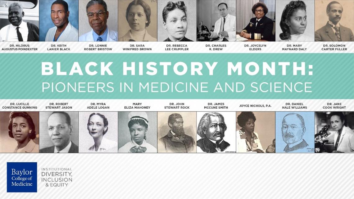 18 black pioneers in medicine and science arranged in a collage for Black History Month