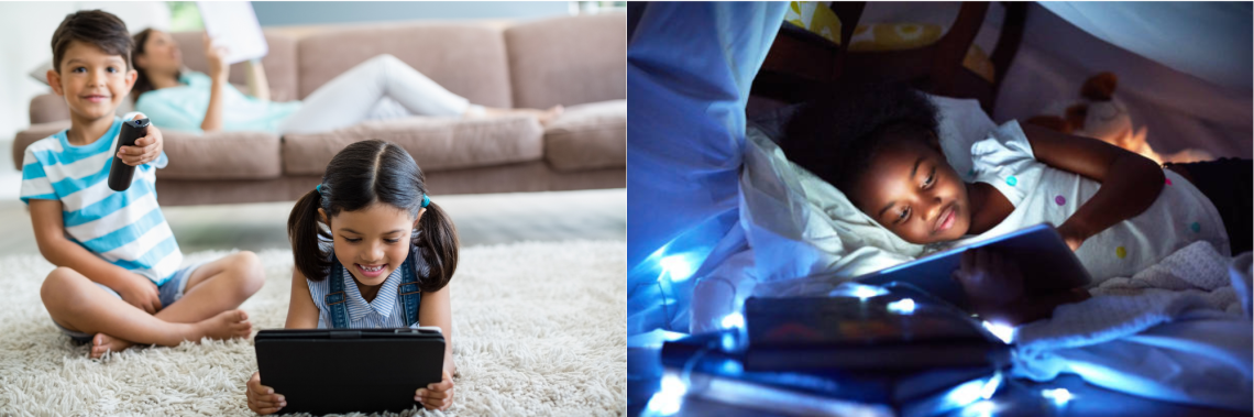 Two side-by-side pictures of children using technology, either watching TV or playing with a tablet computer.