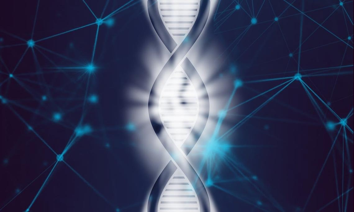 Artist rendition of a double helix glowing white light on a dark blue background