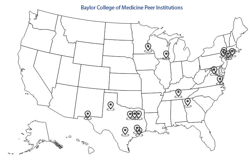 A map showing Baylor's peer institutions in North America