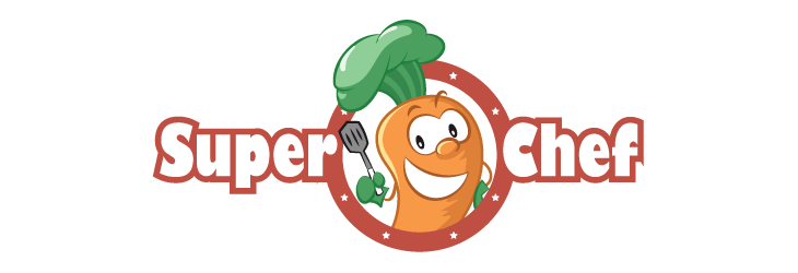 A cartoon carrot holding a spatula with the words Super Chef in the background.