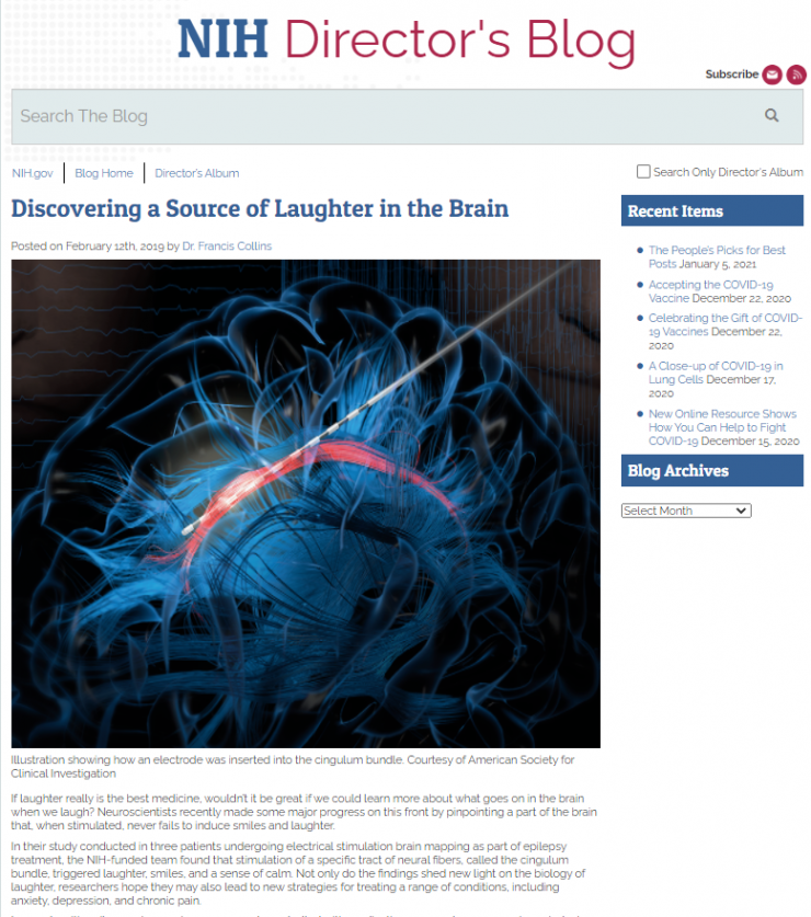 A screenshot of the NIH Directors Blog - Discovering the Source of Laughter in the Brain