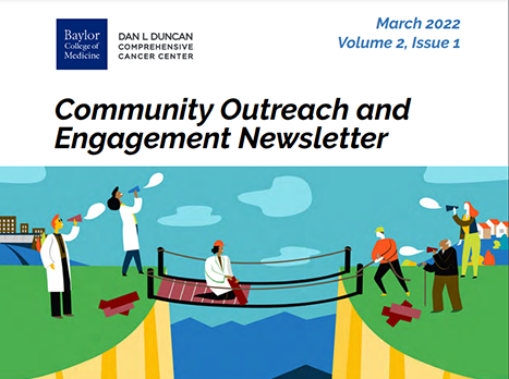 A screenshot of the DLDCCC Community Outreach and Engagement Newsletter for March 2022. It shows an illustration of a group of doctors standing on a cliff while they attempt to build a bridge to a community who stands on an opposite cliff.