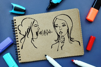 Drawing of two people with one yelling and the other with their finger on their lips to show quiet.