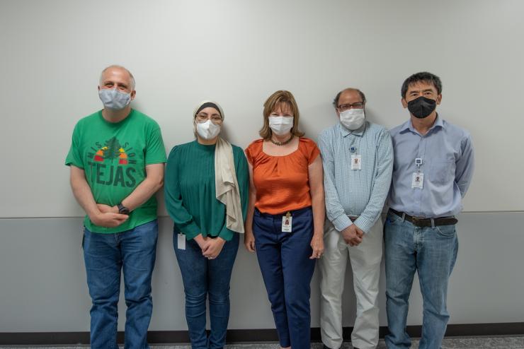 Photo of lab members - Jonathan M. Fogg, PhD, Samah O. Ameen, Lynn Zechiedrich, PhD, Mohammed Khaleduzzaman, PhD, Jianguo (Grig) Zhang, PhD