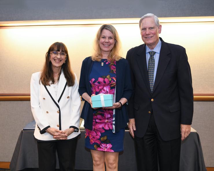 Dr. Sandra Haudek is a recipient of the 2024 Barbara and Corbin J. Robertson, Jr. Presidential Award for Excellence in Education. (L to R) Drs. Biykem Bozkurt, Sandra Haudek and  Mr. Corby Robertson.