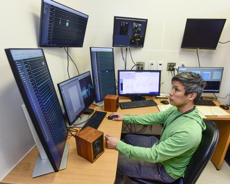 photo of man at computer with multiple screens