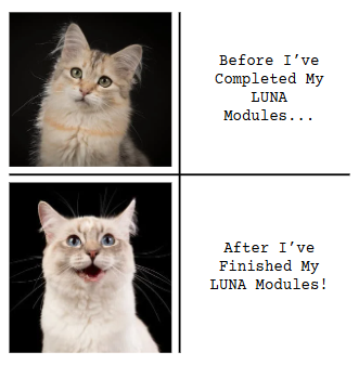 A meme image showing a sad cat with the caption "Before I've completed my LUNA modules" followed by a happy cat with the caption "After I've finished my LUNA modules!"