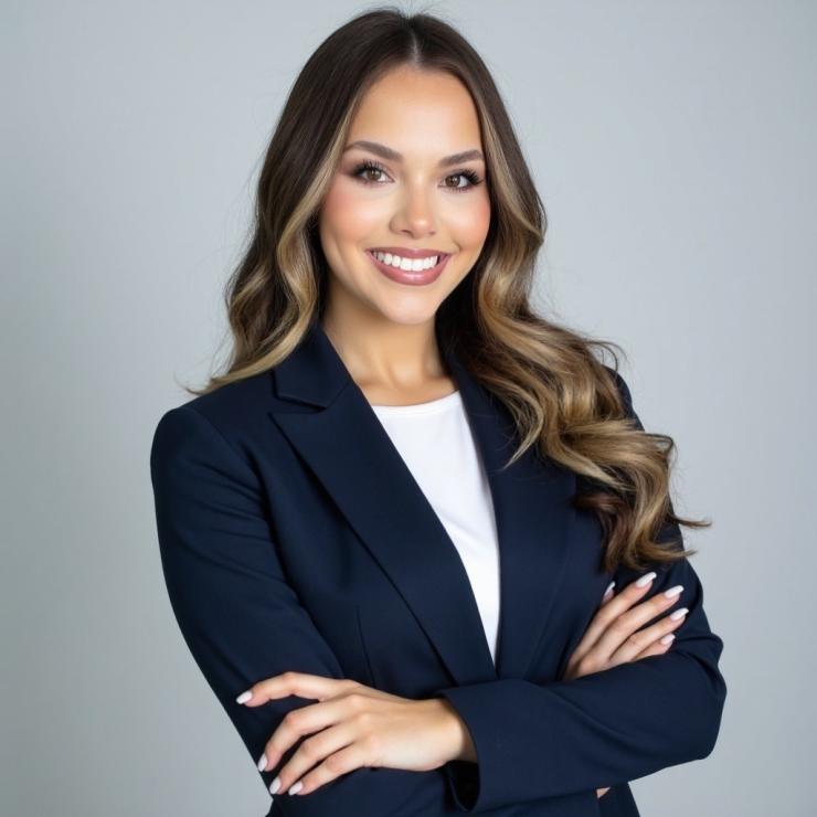 Woman smiling in front of grey background