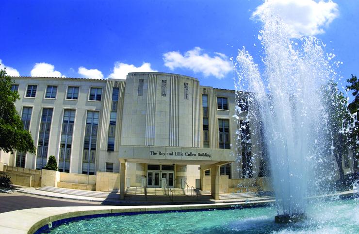 The Alkek Fountain in front of the Roy and Lillie Cullen Building