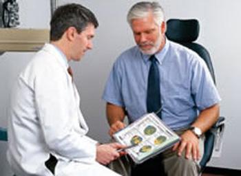 Doctor and patient discuss laser vision correction