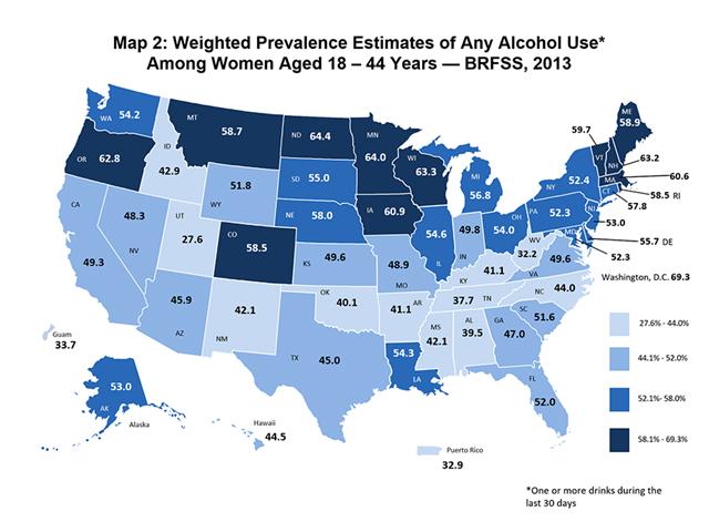 Weighted Prevalence Estimates of Any Alcohol Use Among Women Aged 18 - 44