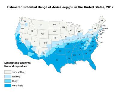 Map showing the estimated range of Aedes aegypti mosquitoes in the United States, as of 2017