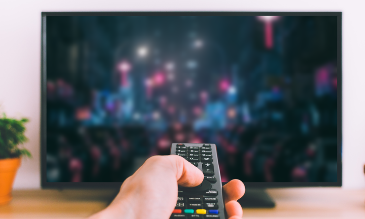 A person pointing a remote control at a television while watching a movie at home.