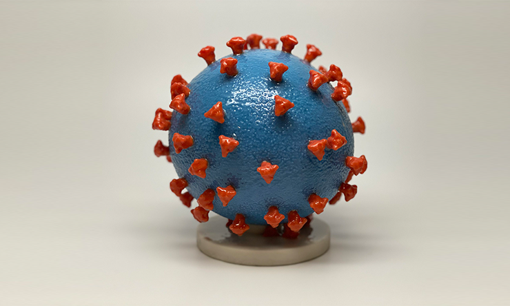 A 3D print of a SARS-CoV-2 - also known as 2019-nCoV, the virus that causes COVID-19-virus particle.