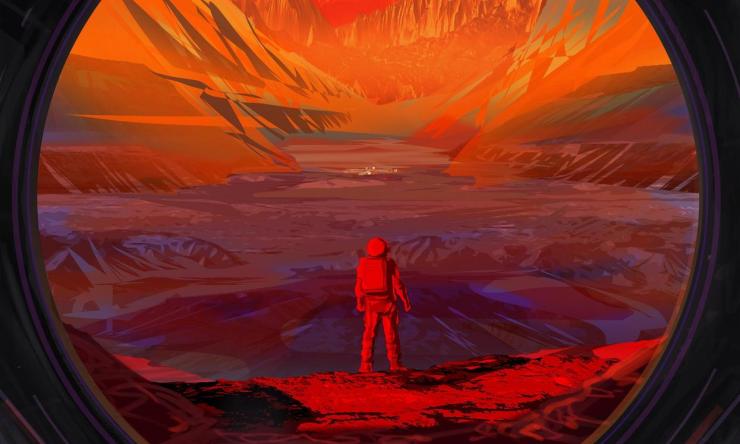 Illustration of an astronaut on Mars, as viewed through the window of a spacecraft. NASA hopes to return astronauts to the Moon and test technology there that will be useful for sending the first astronauts to Mars.
