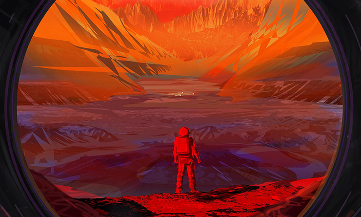 This illustration shows an astronaut on Mars, as viewed through the window of a spacecraft.