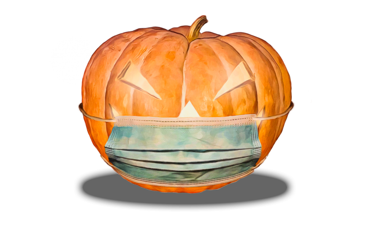 A drawing of a jack-o'-lantern wearing a medical face mask