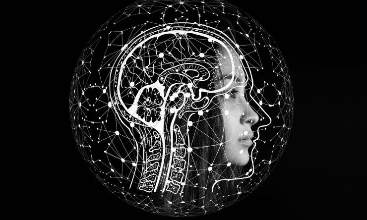 Brain illustration over image of female