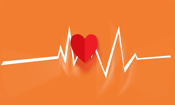 Red heart on orange background with white heart beat graph lines. 