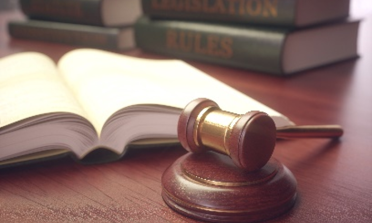 A gavel set in front of a law book.