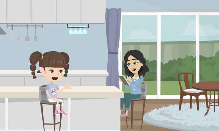 An illustrated parent and child talking in a kitchen area.
