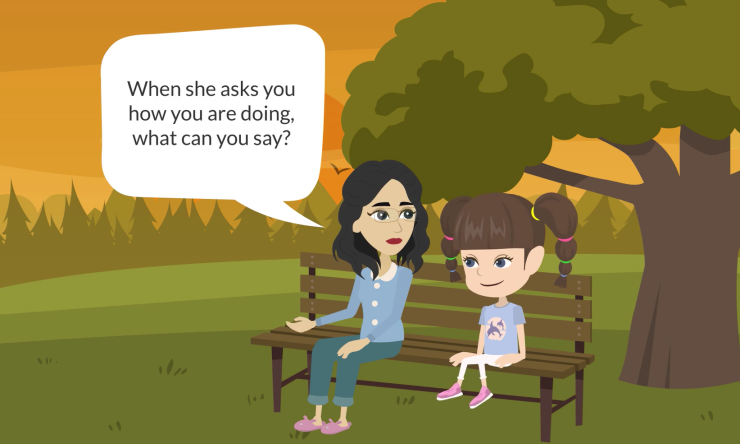 Sally speaking with her mother on a park bench