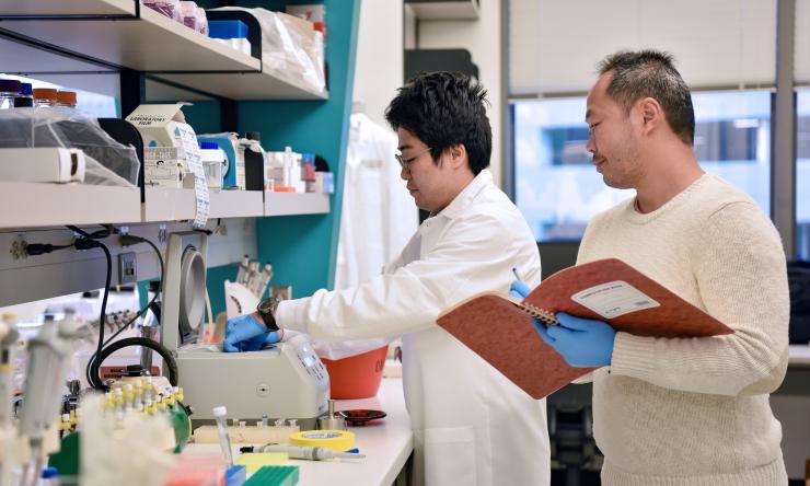 Two researchers look over lab equipment while taking notes