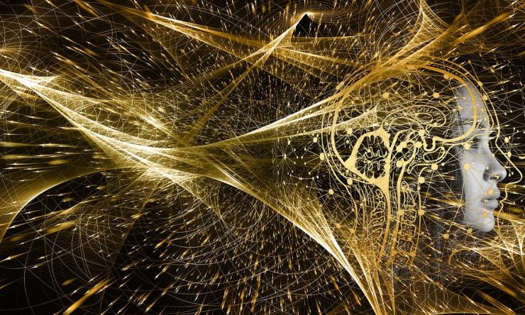 Artists rendition of a brain and neuron activity in a gold color.
