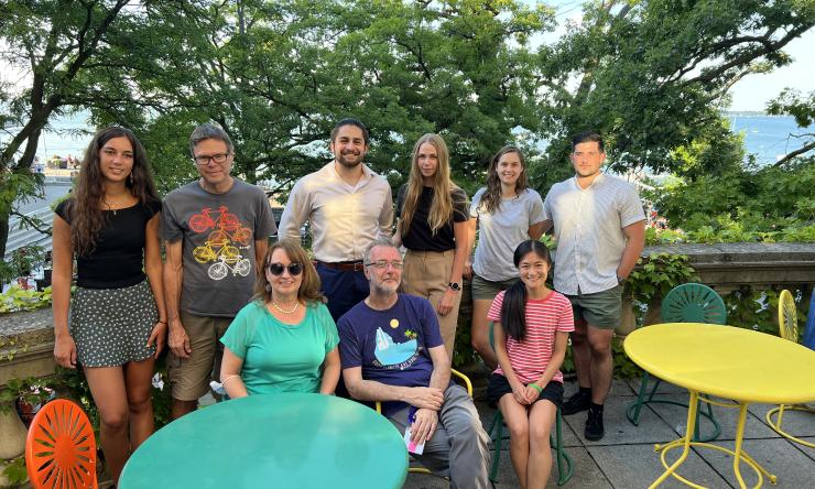 Lab photo from Phages and Bacteria meeting 2022. From left to right, Laura Deus (Graduate Student), Alasdair Gordon (Staff Scientist), Jennifer Halliday (Assistant Professor), Matthew Cooke (Graduate Student), Christophe Herman (PI), Katelin Hagstrom (Lab Technician), Toni Martinez (Graduate Student), Alice Wen (Graduate Student), Kobie Welch (Lab Technician).