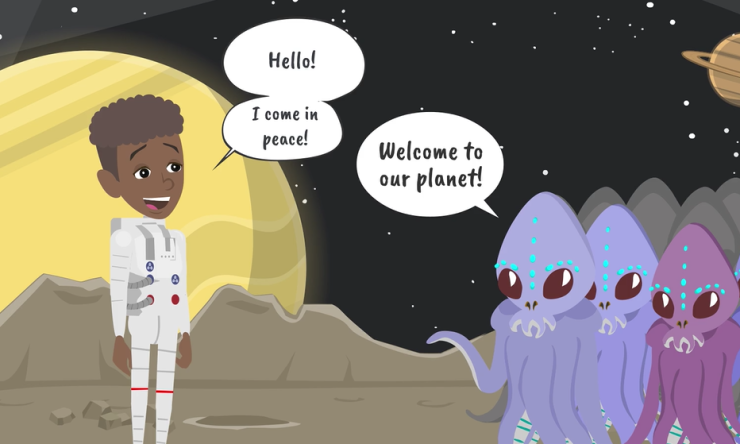 Teen Neil on an alien planet meeting aliens 