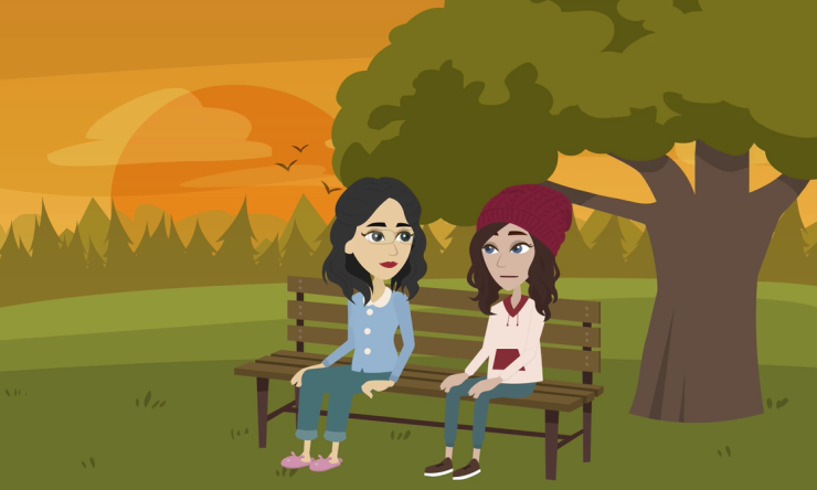 Teen Sally and mother sitting on a bench at sunset