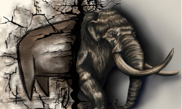 A three-dimensional woolly mammoth breaking out of a flat, two-dimensional painting like those found in pre-historic caves.