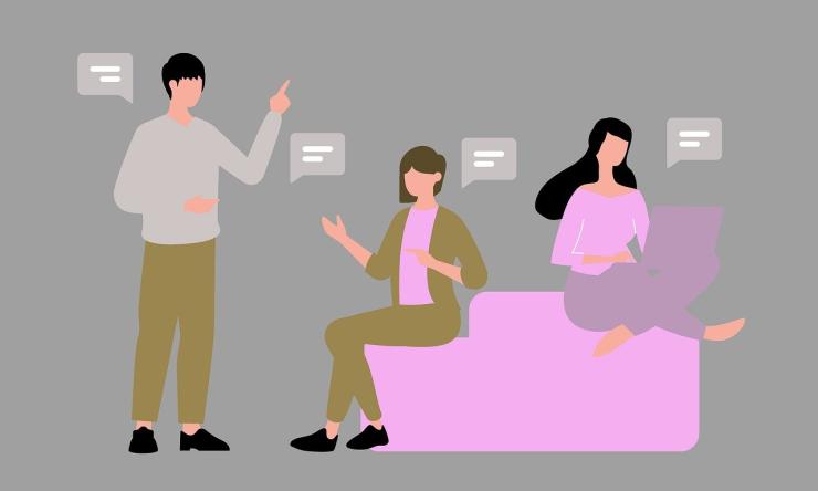 Drawing of three people sitting near eachother with speech bubbles showing just lines to represent conversations.