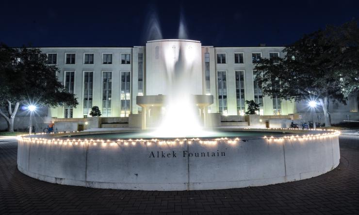 Photo of BCM with Christmas lights on fountain. Photo of BCM with Christmas lights on fountain.