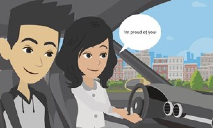 George and his mom are sitting in a car, and mom tells George, "I'm proud of you!"