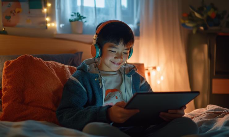 boy in bed looking at a tablet screen with headphones on