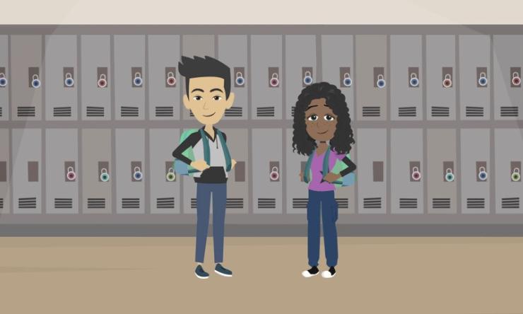 A boy and a girl standing in front of grey lockers and holding backpacks. 